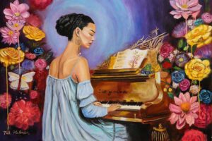 ציור אשה מנגנת על פסנתר מסביב פרחים