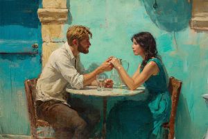 הגבר אוחז את ידיה של האשה