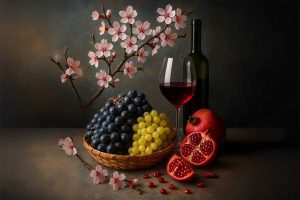 יין אדום וקערת ענבים