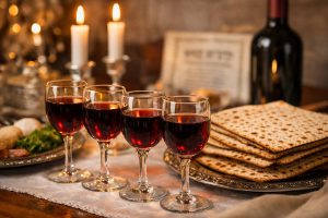 4 כוסות יין על שולחן סדר פסח