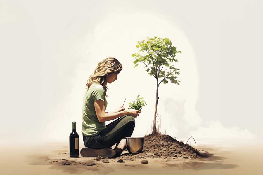 ט'ו-בשבט-נטיעות-ו–4-כוסות-יין-אביטל-ניצן אישה יושבת - בקבוק יין מאחוריה