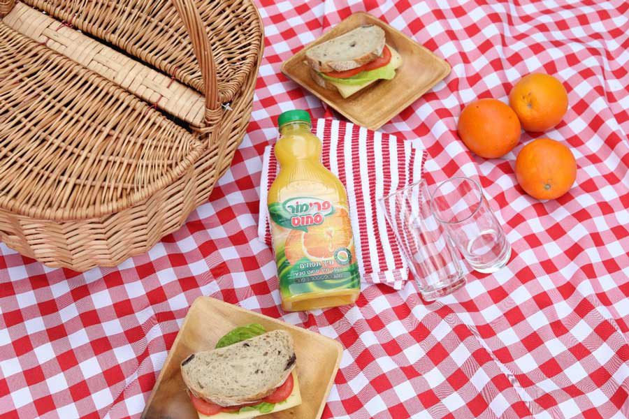חופש-גדול-עם-פרימור-צילום-פרסום-יהושע מפת פיקניק עם שתייה ואוכל עליה