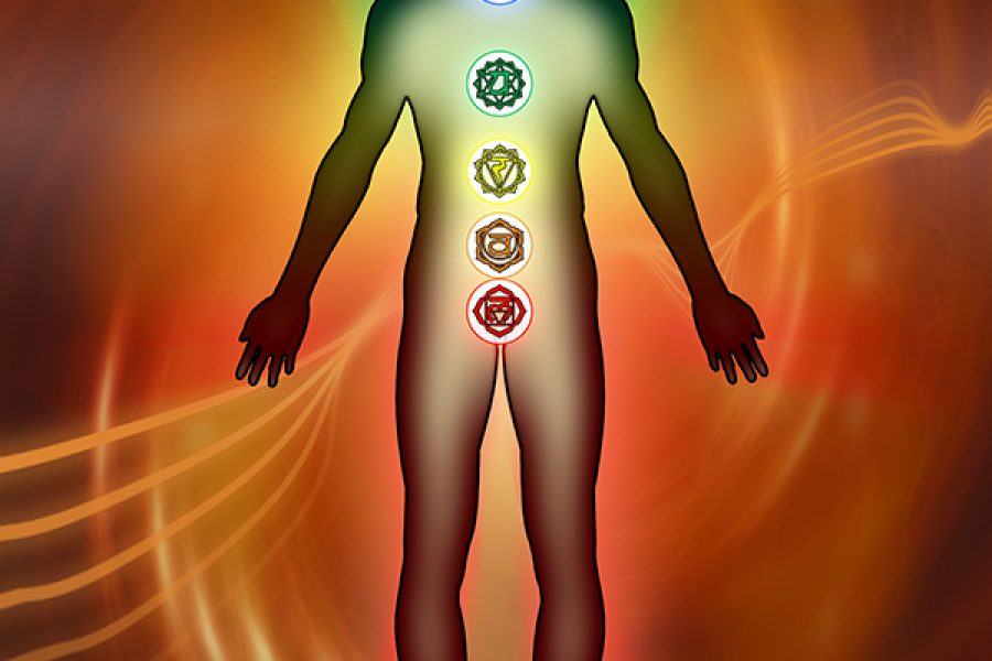 Chakra points son the human body. Digital illustration.
