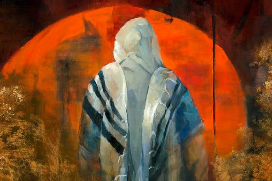 ציור איש עם טלית מביט בשקיעה