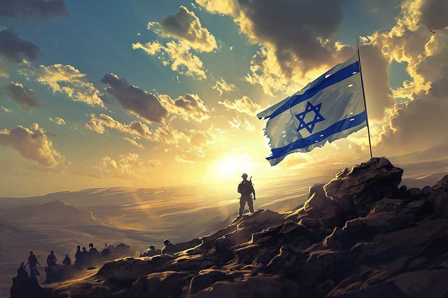 חייל ודגל ישראל על צלע הר ברקע מעונן
