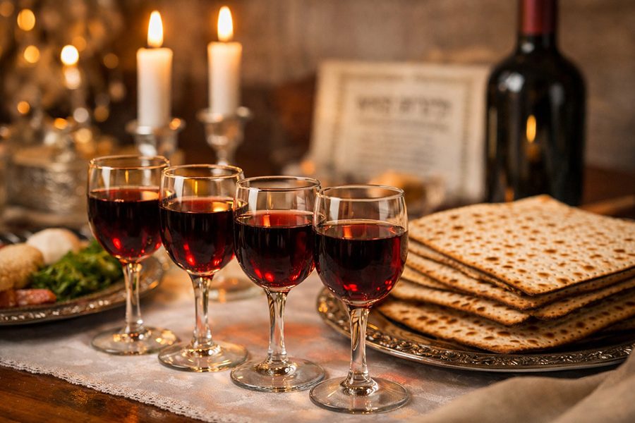 4 כוסות יין על שולחן סדר פסח