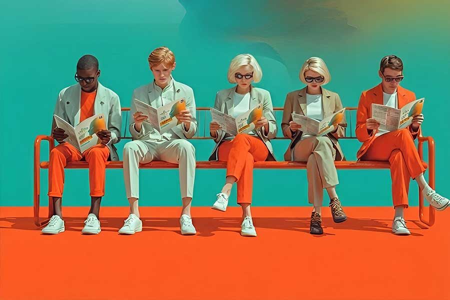 נשים וגברים יושבים בספסל יחד וקוראים במגזין מדור לדור 150