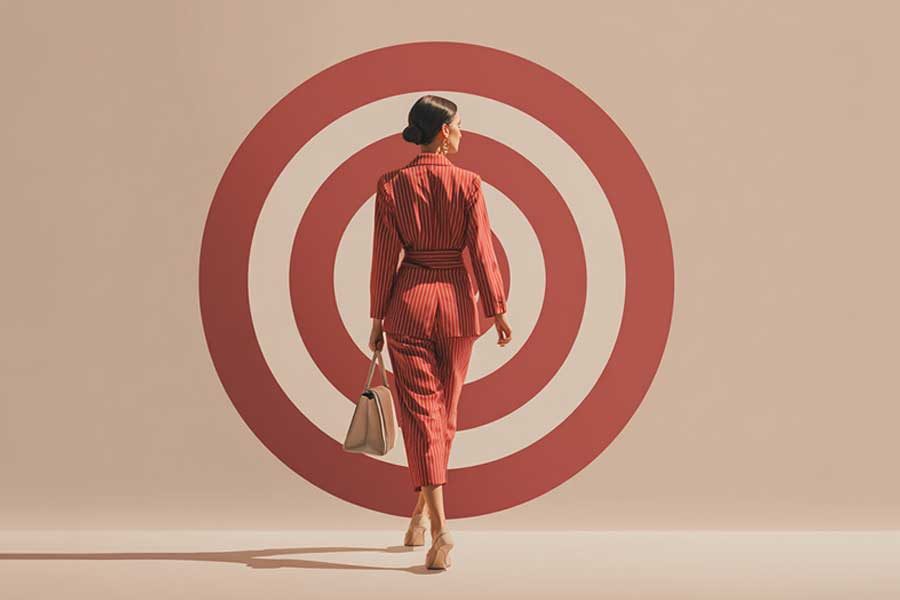 אישה באדום צועדת מול לוח מטרות