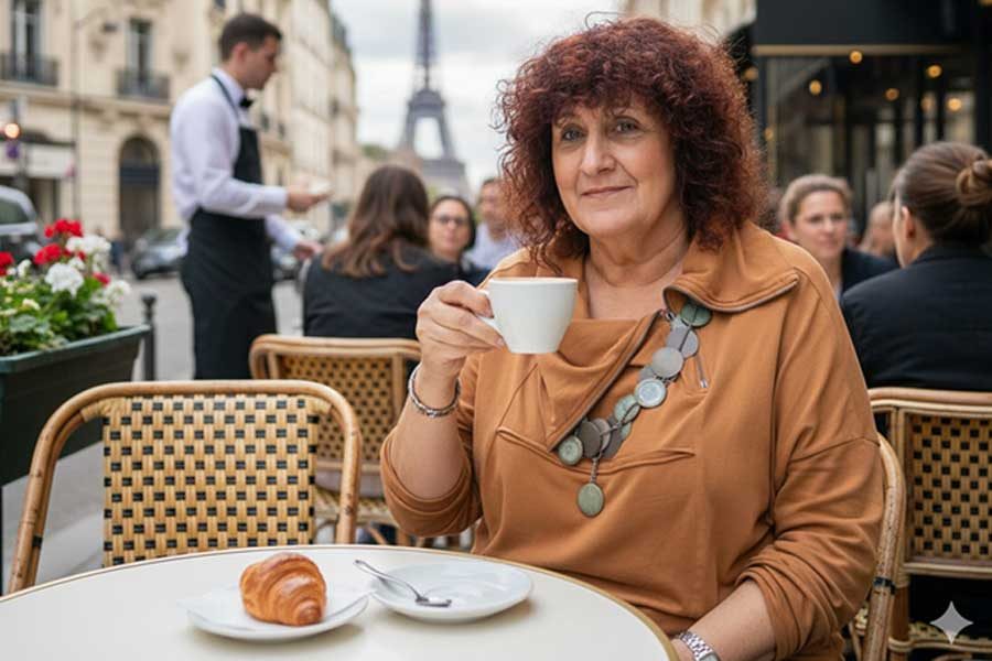 יהודית לוטואק בפריז שותה קפה