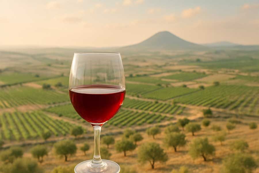 כוס יין על רקע נוף שדות גפנים