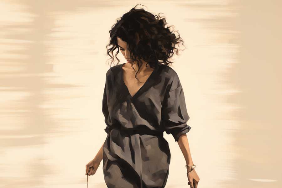 אשה צועדת עם חליפה חומה רקע קרם