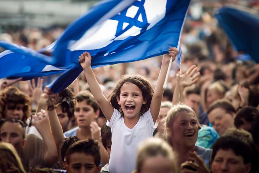 ילדה מניפה ידיה דגל ישראל ברקע