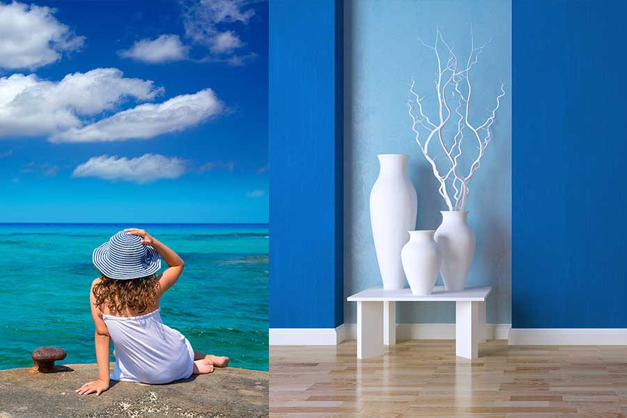 שתי תמונות משמאל אישה על חוף ים מימין סלון בית קיר צבע כחול ים