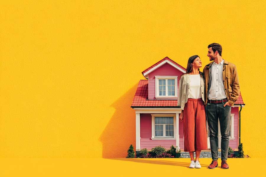 אילוסטרציה זוג עומד ליד בית דו-קומתי
