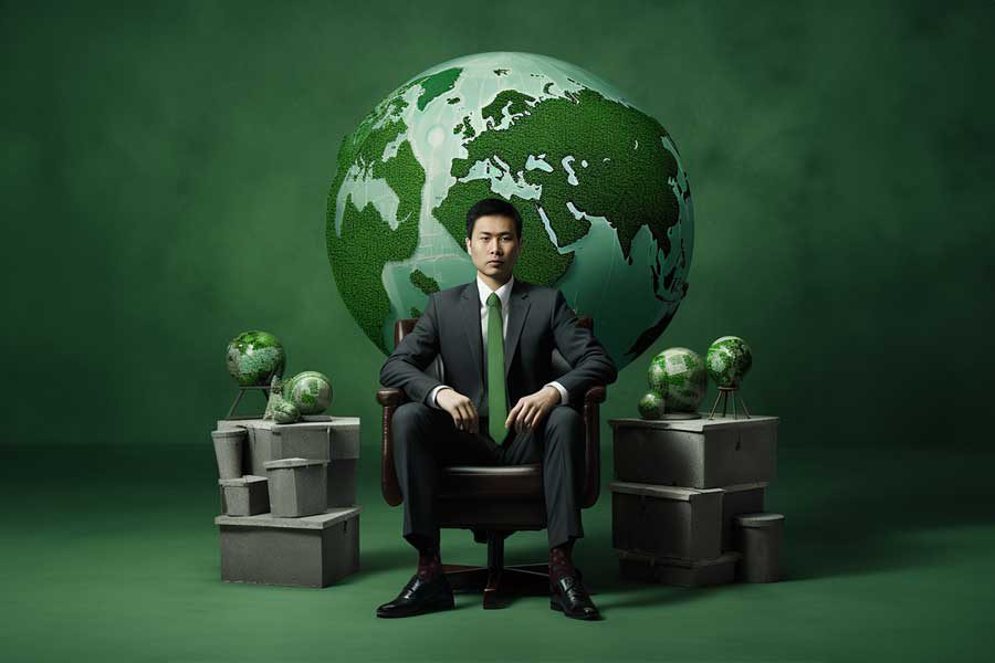 איש עסקים סיני רקע ירוק וכדור הארץ