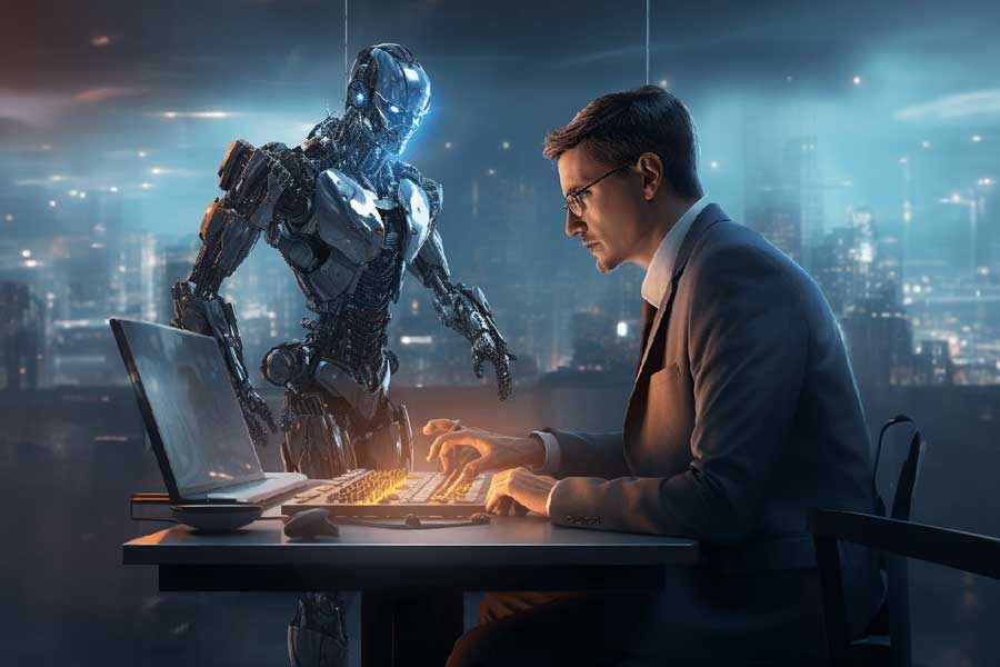רובוט מול איש על מחשב בינה מלאכותית