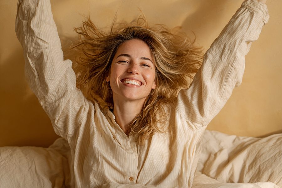 בחורה מתעוררת מחייכת ידיים למעלה סיגל גבאי