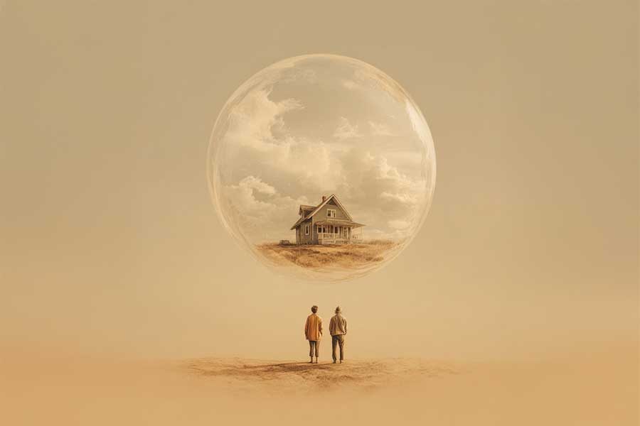 אילוסטרציה זוג מביט בבועה ובתוכה בית