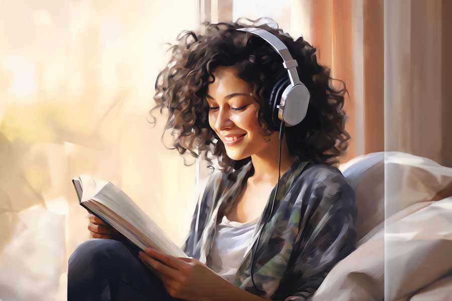 אישה קוראת ספר ואוזניות באוזניה