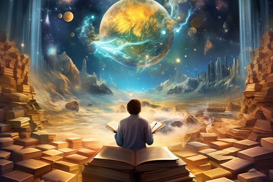 אדם יושב קורא ספרים מסביבו העולם מולו
