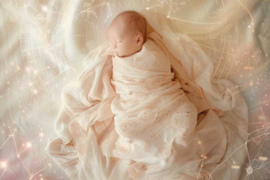 תינוק לבוש בלבן שוכב על שמיכה לבנה