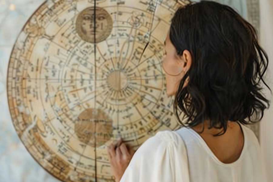 אשה מביטה במפה אסטרולוגית