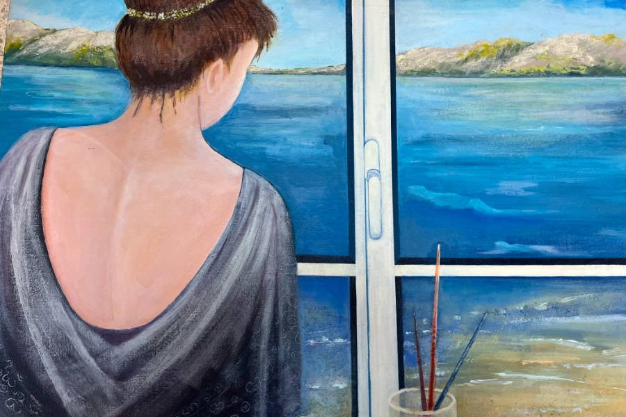 ציור אישה מביטה לנוף ים מבעד לחלונה